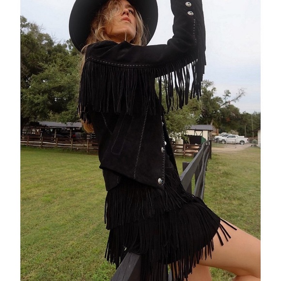 Scully Leather Black Tiered Suede Fringe Mini Skirt - Picture 3 of 4